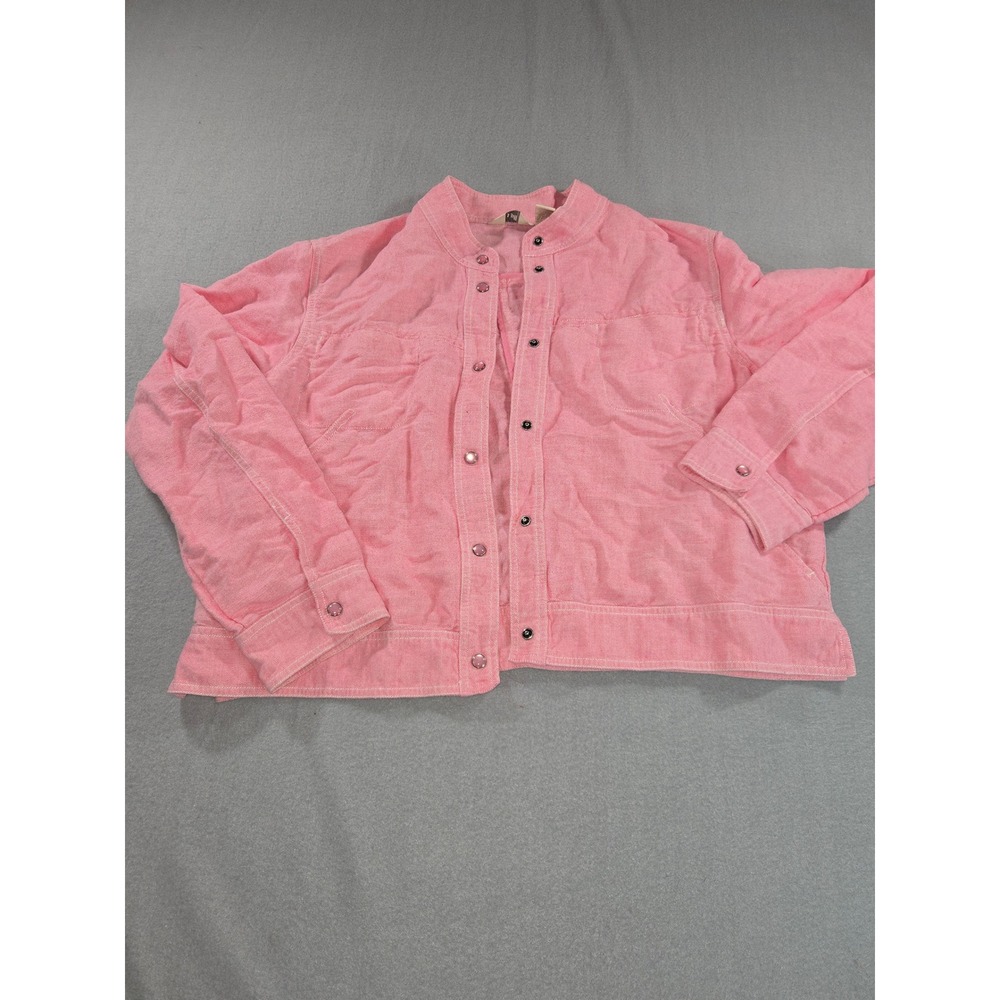 J. Jill Jacket Women XL Pink Linen Cotton Pearl Snap Front Mock Neck Lightweight
